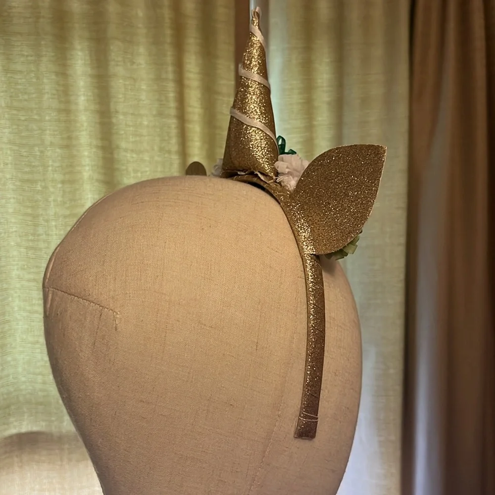 Gold Glitter Unicorn Headband With Green and White Pom Poms